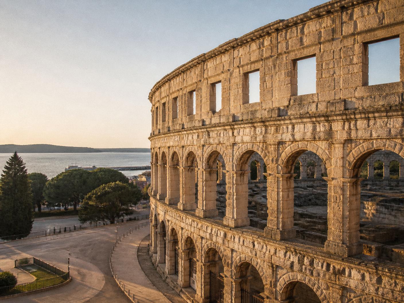 The Roman amphitheatre in Pula in golden evening light with the Adriatic beyond