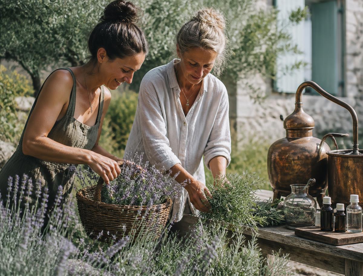 Two women picking lavender and rosemary into a basket beside a copper still