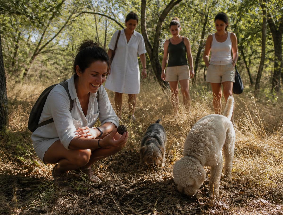 Four women following a truffle hunter and his dogs through a sunlit Istrian forest in late summer