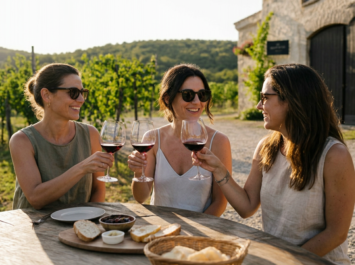 Women tasting wine and local produce at a table in the late afternoon light