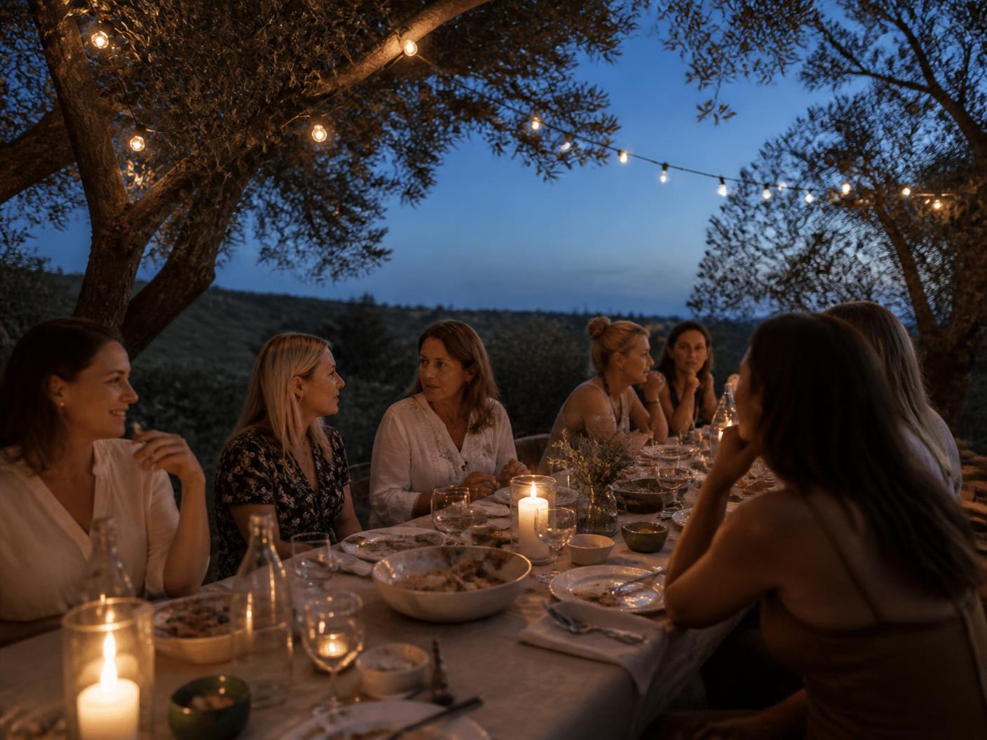 Women talking over a candlelit dinner at a long linen table under olive trees at dusk