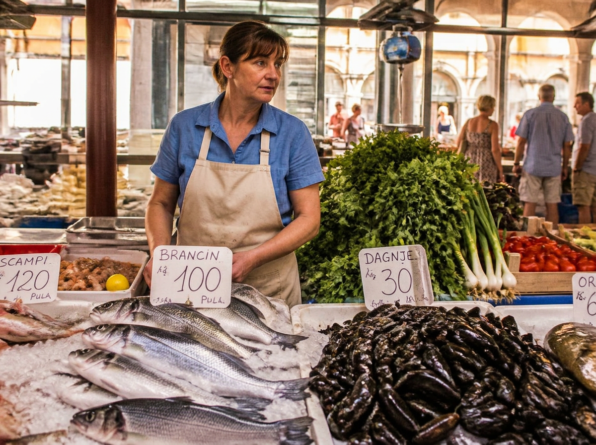Fresh Adriatic sea bass, mussels and herbs on a market stall in Pula