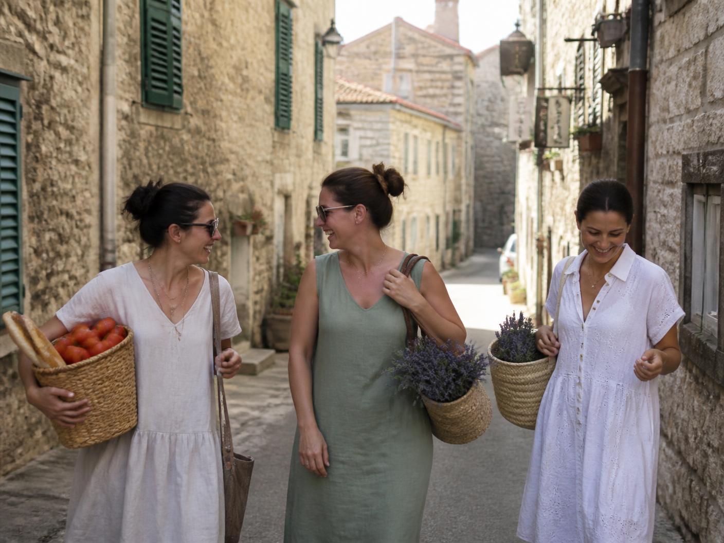 Three women walking with baskets of bread, tomatoes and lavender through a stone Istrian village street