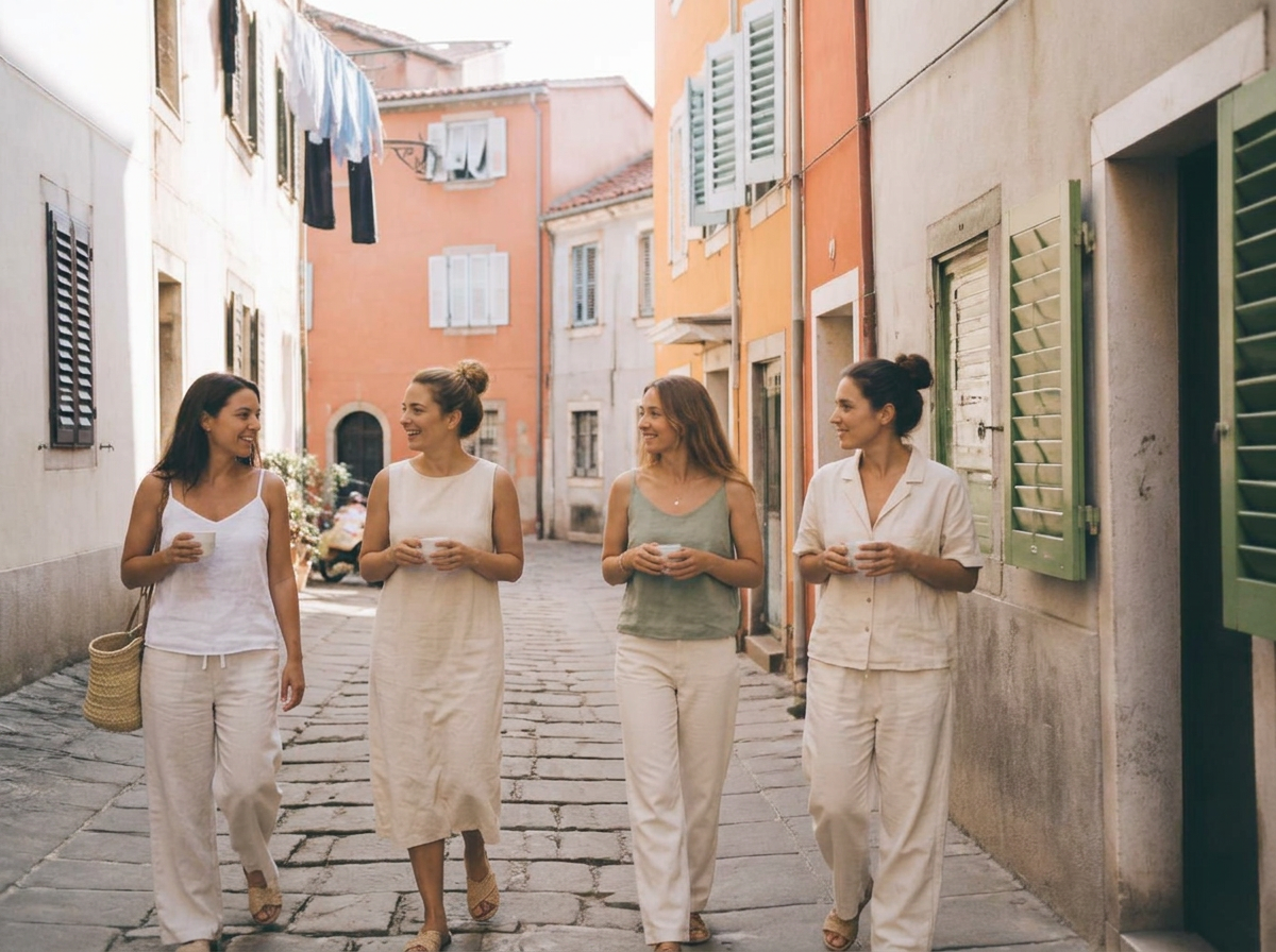 Four women walking and talking along a quiet cobbled street of an Istrian coastal old town in the morning
