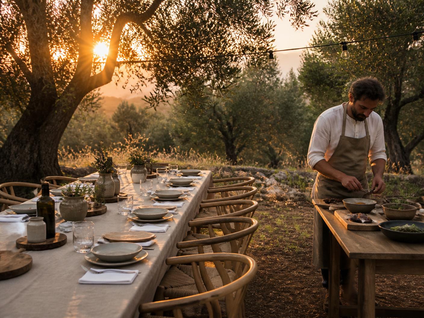 A single long table set with linen and handmade ceramics in a private olive grove at sunset, a local chef plating nearby